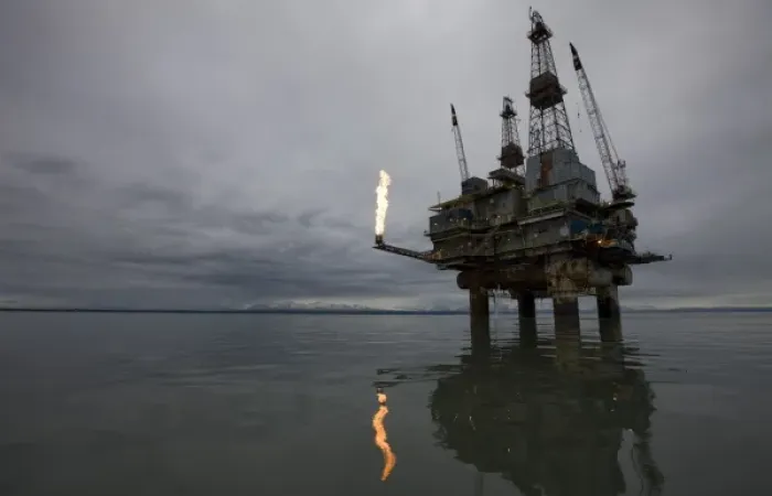 Framed Print : USA, Alaska, Offshore oil drilling rig with burning natural gas flare in Cook Inlet