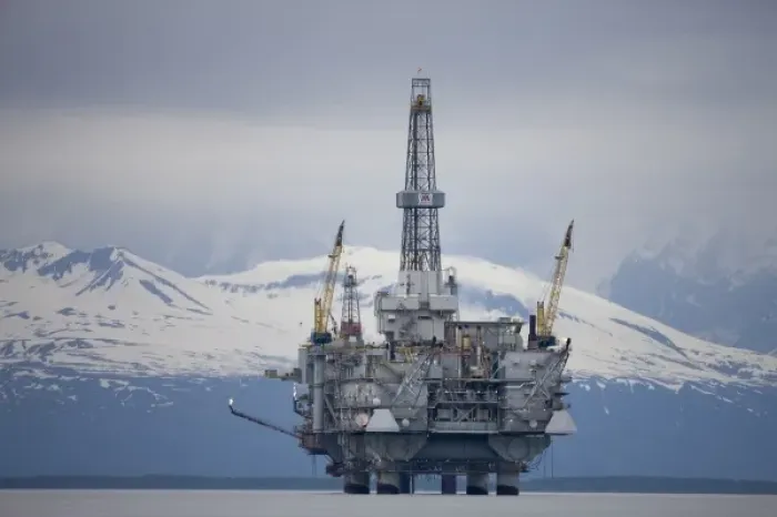 Framed Print : USA, Alaska, Offshore oil drilling rig in Cook Inlet and distant Alaska Range peaks Framed Print : USA, Alaska, Offshore oil drilling rig in Cook Inlet and distant Alaska Range peaks