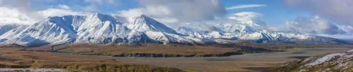 Framed Print : USA, Alaska. Panoramic view of Fall colors in Denali National Park with clouds shrouding