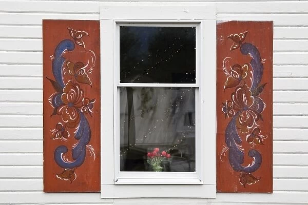 USA, Alaska, Petersburg. Close-up of rosemaling paintings on window shutters of Sons of Norway Hall