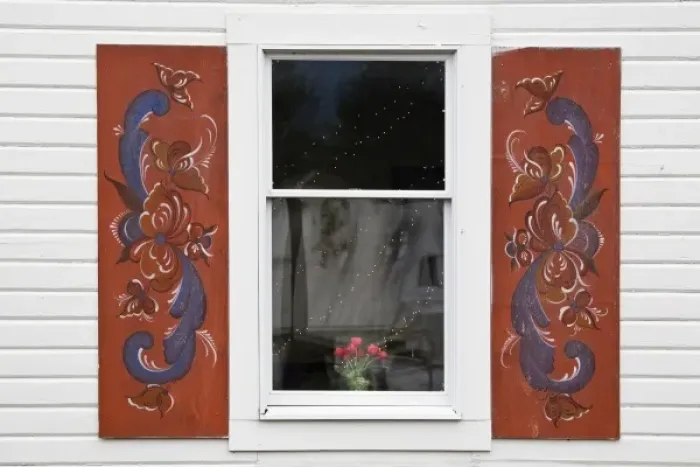 Framed Print : USA, Alaska, Petersburg. Close-up of rosemaling paintings on window shutters of Sons of Norway Hall Framed Print : USA, Alaska, Petersburg. Close-up of rosemaling paintings on window shutters of Sons of Norway Hall