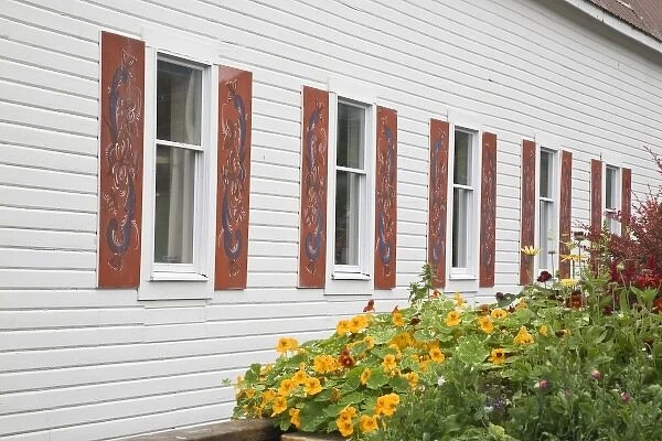 USA, Alaska, Petersburg. Rosemaling paintings on window shutters of Sons of Norway Hall