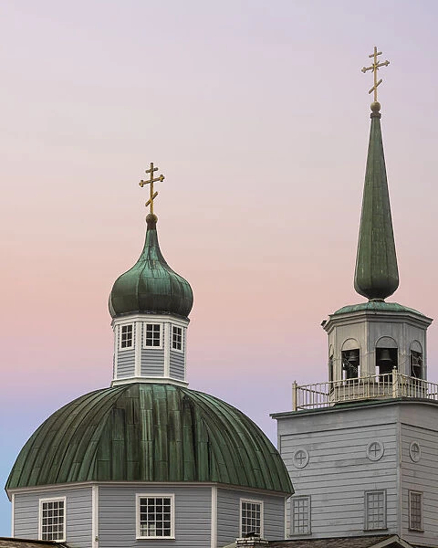 USA, Alaska, Sitka. Steeples of St. Michaels Russian Orthodox Cathedral