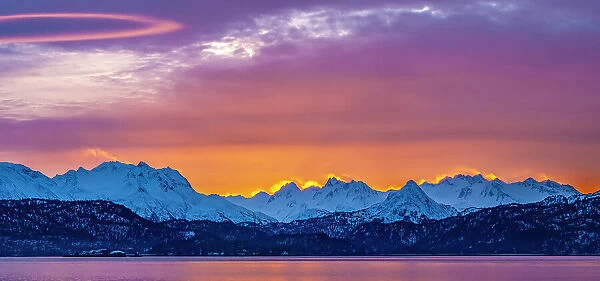 USA, Alaska. Sunrise panoramic on mountains and Chilkat River