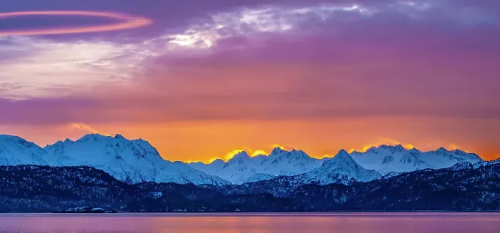 Framed Print : USA, Alaska. Sunrise panoramic on mountains and Chilkat River Framed Print : USA, Alaska. Sunrise panoramic on mountains and Chilkat River