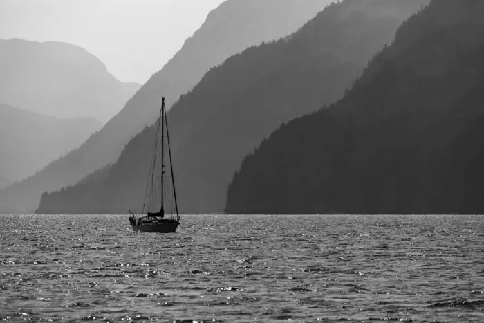 Framed Print : USA, Alaska, Tongass National Forest. B&W of sailboat in Lisianski Inlet Framed Print : USA, Alaska, Tongass National Forest. B&W of sailboat in Lisianski Inlet