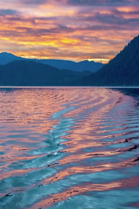 Framed Print : USA, Alaska, Tongass National Forest. Sunset reflections on inlet water