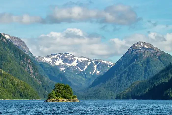 Framed Print : USA, Alaska, Tongass National Forest. Landscape with mountain and island in inlet Framed Print : USA, Alaska, Tongass National Forest. Landscape with mountain and island in inlet