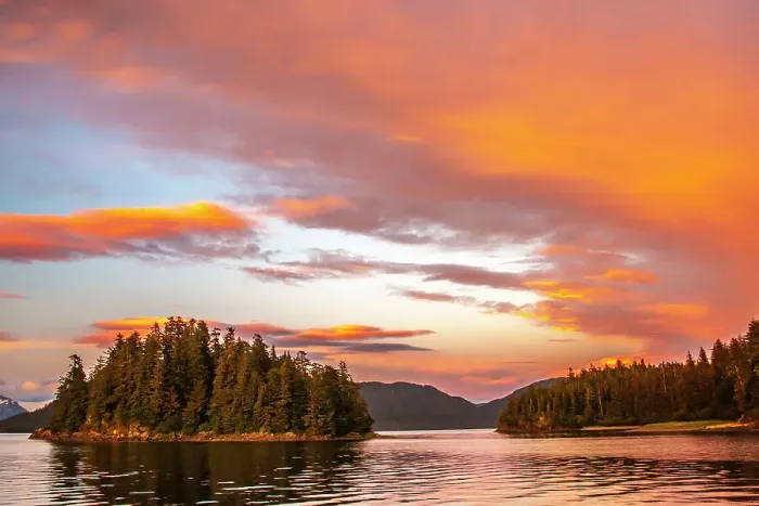 Framed Print : USA, Alaska, Tongass National Forest. Sunset on Admiralty Island and inlet