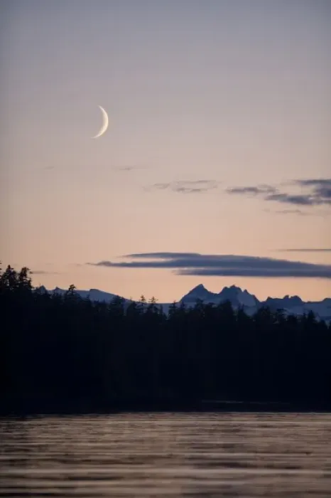 Framed Print : USA, Alaska, Tongass National Forest, Crescent moon sets above mountain peaks of Framed Print : USA, Alaska, Tongass National Forest, Crescent moon sets above mountain peaks of