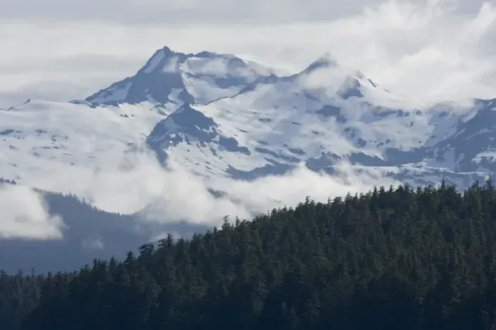 Framed Print : USA, Alaska, Tongass National Forest, Glacier covered mountain peaks on Baranof Island