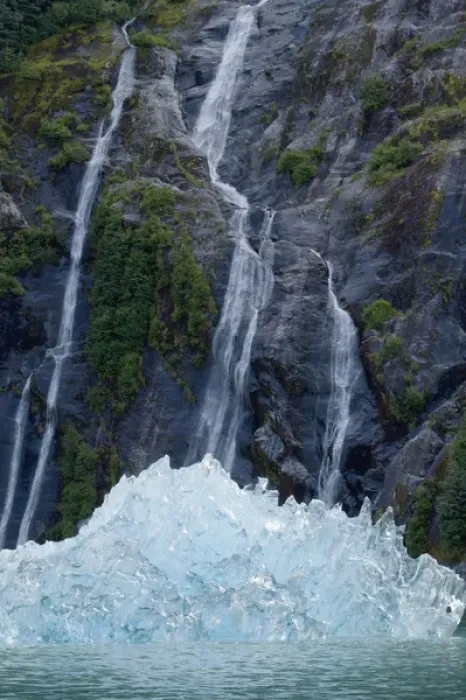 Framed Print : USA, Alaska, Tracy Arm - Fjords Terror Wilderness, Waterfall behind deep blue glacial