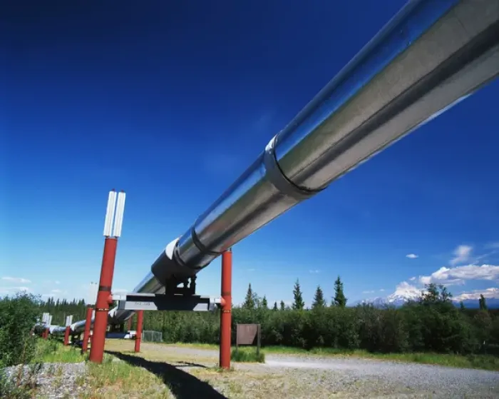 Framed Print : USA, Alaska, Trans Alaska crude oil pipeline and distant Mt Wrangell