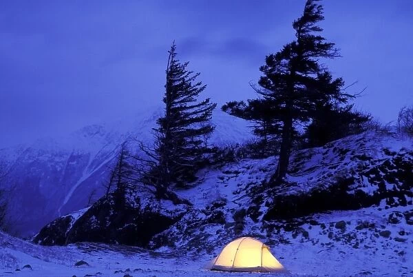 USA, Alaska, Turnagain Arm. Campers tent on Beluga Point in Chugach State Park