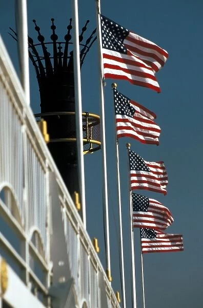 USA. American flags and smoke stack