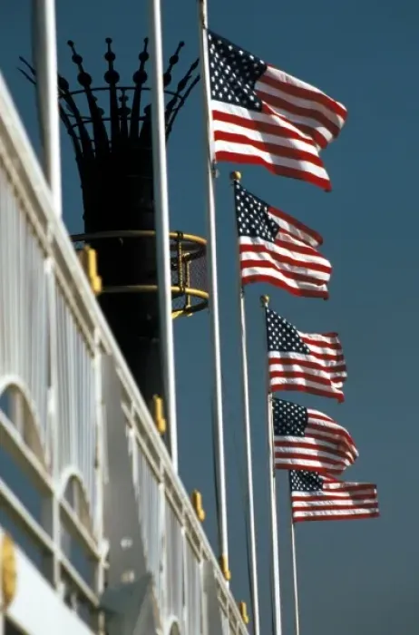 Framed Print : USA. American flags and smoke stack Framed Print : USA. American flags and smoke stack