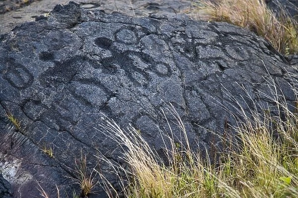 USA. Ancient native petroglyph in Volcanoes NP on the Big Island of Hawaii