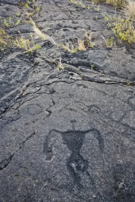 Framed Print : USA. Ancient native petroglyph in Volcanoes NP on the Big Island of Hawaii