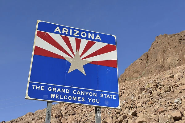USA, Arizona, Arizona The Grand Canyon State Welcomes You sign, Hoover Dam