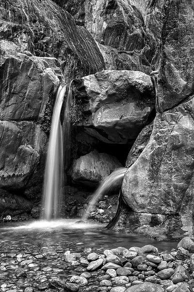 USA, Arizona. Black and White image. Clear Creek Canyon horizontal waterfall