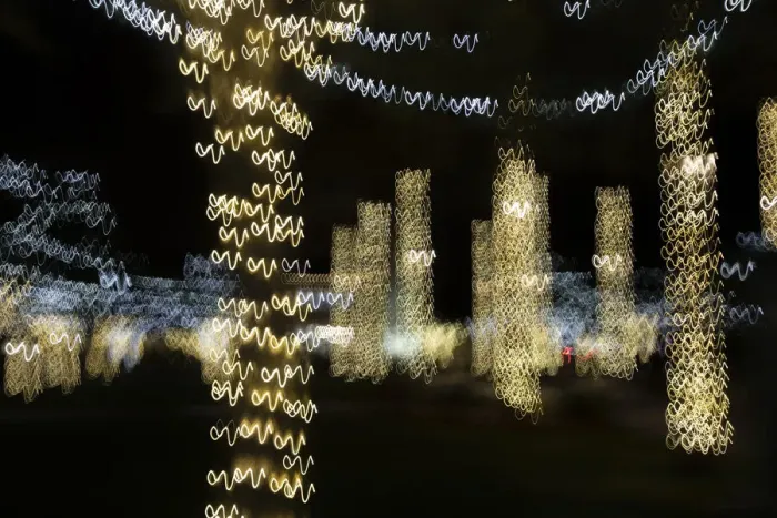 Framed Print : USA, Arizona, Buckeye. Abstract of decorated trees at night during Christmas Framed Print : USA, Arizona, Buckeye. Abstract of decorated trees at night during Christmas