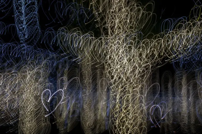 Framed Print : USA, Arizona, Buckeye. Abstract of decorated trees at night during Christmas Framed Print : USA, Arizona, Buckeye. Abstract of decorated trees at night during Christmas
