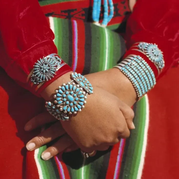 Framed Print : USA, Arizona, Canyon de Chelly NM. Beautiful turquoise jewelry, such as these bracelets