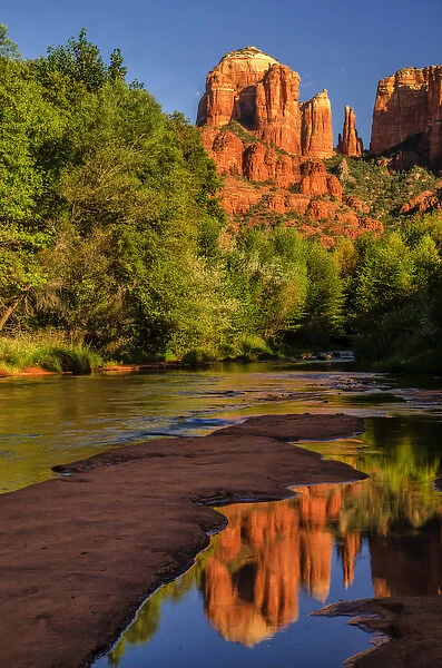 USA, Arizona. Cathedral Rock reflects in creek