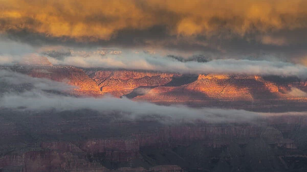 USA, Arizona, Grand Canyon. Foggy sunrise on canyon