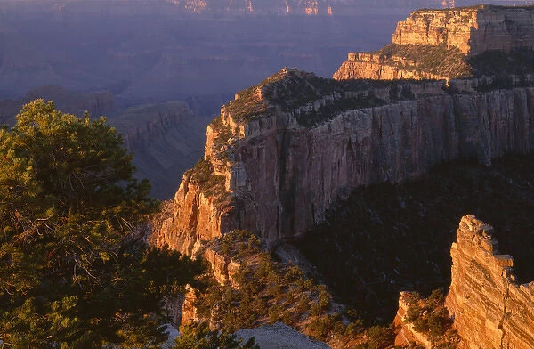 USA, Arizona, Grand Canyon National Park, North Rim, Sunrise light brightens Wotans Throne