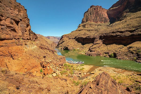 USA, Arizona, Grand Canyon National Park. Moored rafts on Colorado River