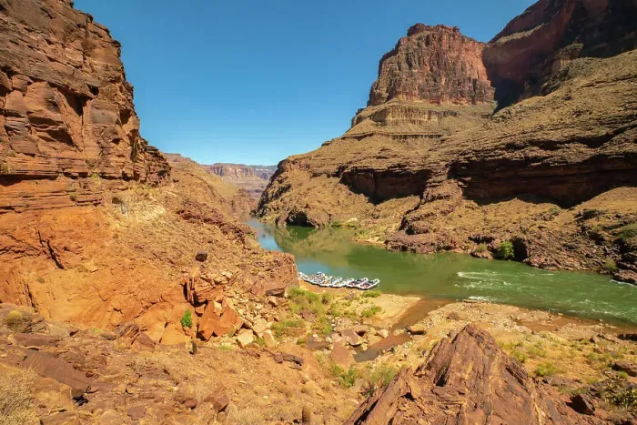 Framed Print : USA, Arizona, Grand Canyon National Park. Moored rafts on Colorado River