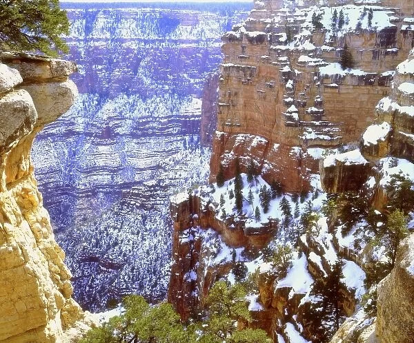 USA, Arizona, Grand Canyon National Park. Winter snow on rock formations