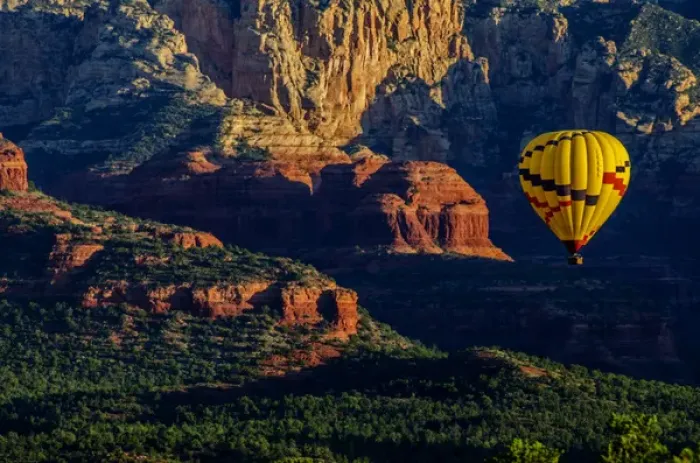 Framed Print : USA, Arizona. Hot-air balloon floats over Red Rocks State Park at sunset. Credit as Framed Print : USA, Arizona. Hot-air balloon floats over Red Rocks State Park at sunset. Credit as