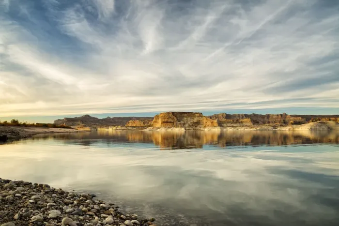 Framed Print : USA, Arizona, Page, Late afternoon at Lake Powells Lone Rock Beach