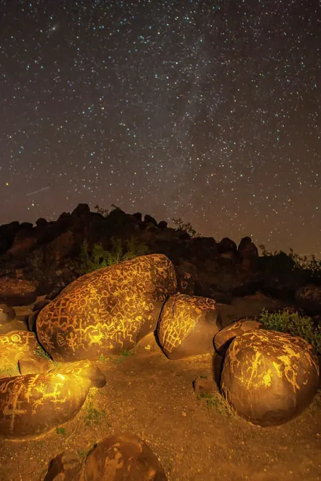 Framed Print : USA, Arizona, Painted Rock Petroglyph Site. Illuminated rock petroglyphs and starry night sky Framed Print : USA, Arizona, Painted Rock Petroglyph Site. Illuminated rock petroglyphs and starry night sky