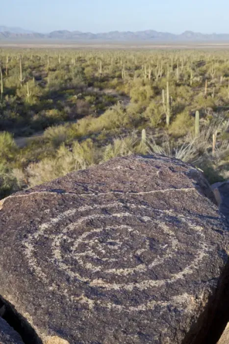 Framed Print : USA, Arizona, Saguaro National Park. Close-up of Hohokam indian petroglyph. Credit as