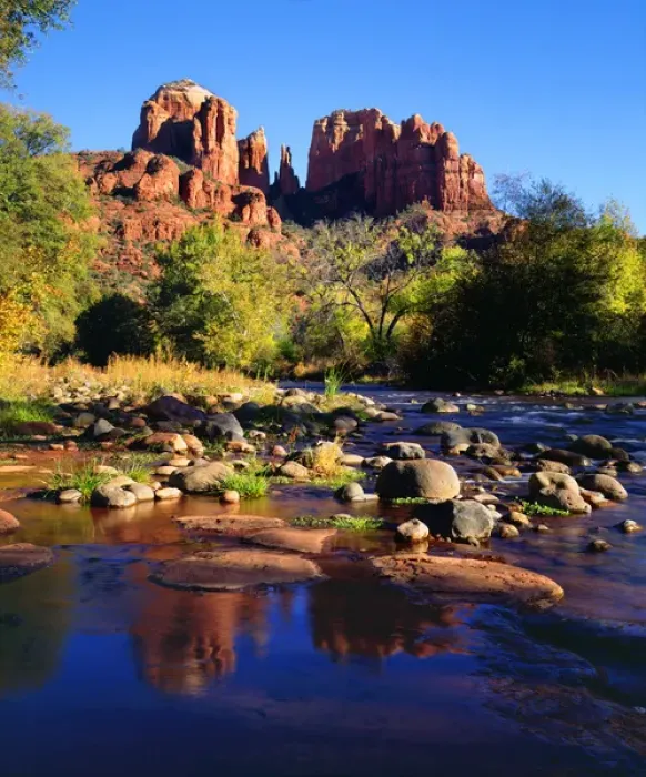 Framed Print : USA, Arizona, Sedona, Cathedral Rock reflecting in Oak Creek Framed Print : USA, Arizona, Sedona, Cathedral Rock reflecting in Oak Creek