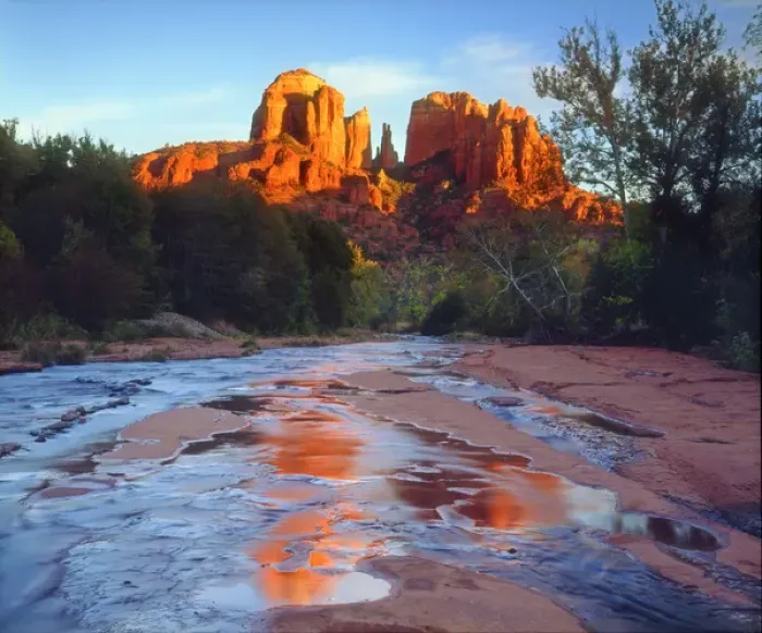 Framed Print : USA; Arizona; Sedona; Cathedral Rock reflecting in Oak Creek at Sunset