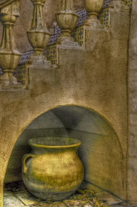 Framed Print : USA, Arizona, Sedona. Close-up of ceramic pot in niche under stairway. Credit as