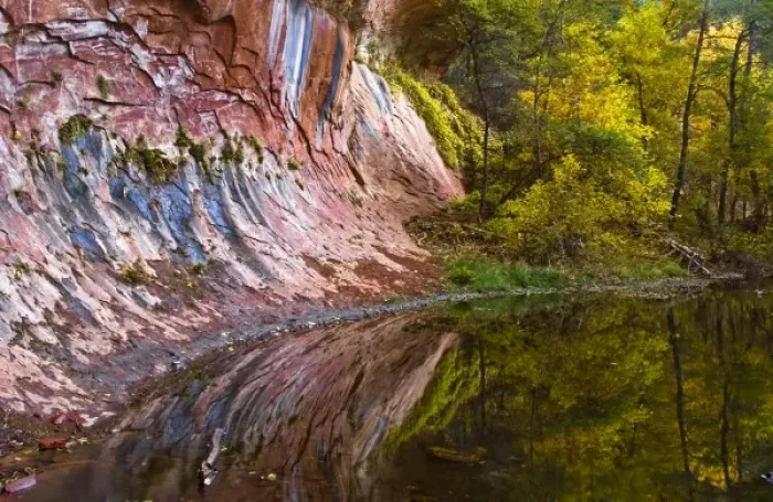 Framed Print : USA, Arizona, Sedona, Oak Creek Canyon. Rock formation patterns and trees in autumn