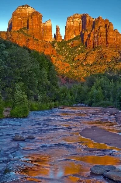 USA, Arizona, Sedona, Red Rock State Park. Cathedral Rock formation reflecting
