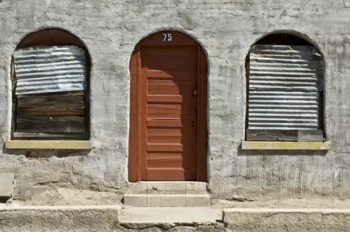 Framed Print : USA, Arizona, Tucson. Boarded up building exterior