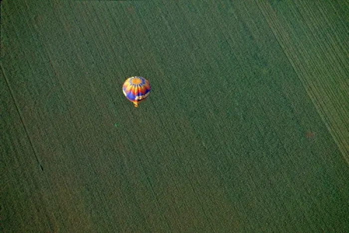 Framed Print : USA, Arizona, Val Vista. A brightly colored hot-air balloon soars above farmland Framed Print : USA, Arizona, Val Vista. A brightly colored hot-air balloon soars above farmland