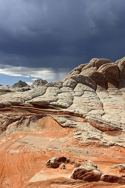 USA, Arizona, Vermilion Cliffs National Monument. Stormy sky over red toned sandstone