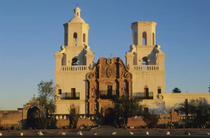 Framed Print : USA, Arizona, Xavier Del Bac Mission, near Tucson, sunrise on classic architecture Framed Print : USA, Arizona, Xavier Del Bac Mission, near Tucson, sunrise on classic architecture