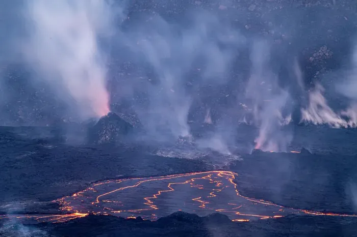 Framed Print : USA, Big Island, Hawaii. Smoldering eruption of Kilauea at sunrise, Hawai'i Volcanoes National Park