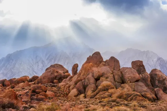 Framed Print : USA, California, Alabama Hills. Storm cloud God rays over Lone Pine Peak. Credit as Framed Print : USA, California, Alabama Hills. Storm cloud God rays over Lone Pine Peak. Credit as