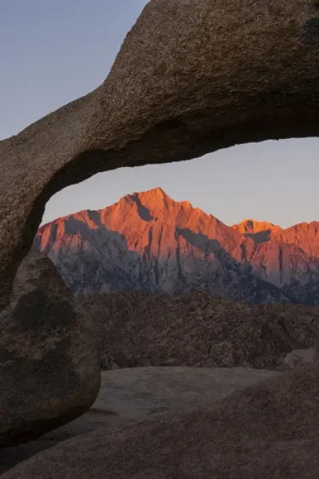 Framed Print : USA, California, Alabama Hills. Mountains seen through Mobius Arch at sunrise. Credit as Framed Print : USA, California, Alabama Hills. Mountains seen through Mobius Arch at sunrise. Credit as