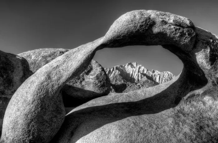Framed Print : USA, California, Alabama Hills. B&W of Mobius Arch at sunrise